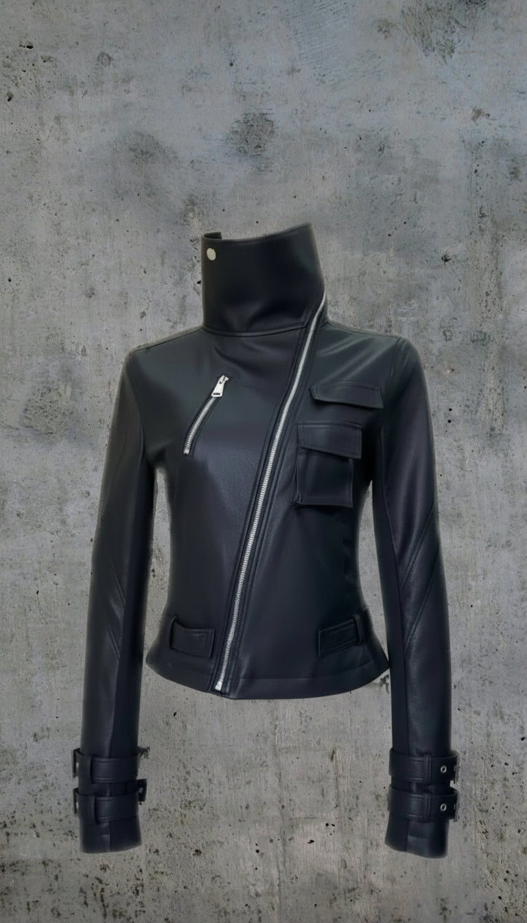 High Neck Vegan Leather Zip Up
